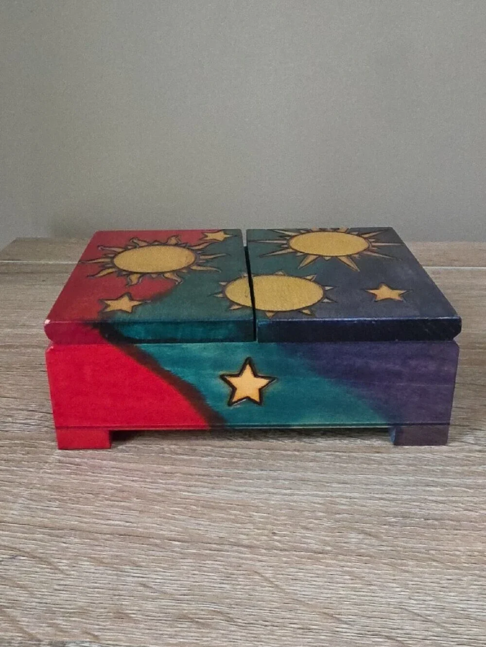 Hand-Painted Sun & Stars Wooden Trinket Box - Multicolor